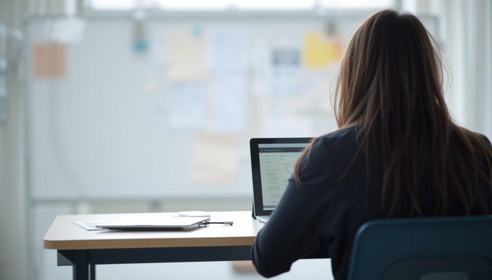 Lehrkraft an einem Schreibtisch mit einem Laptop