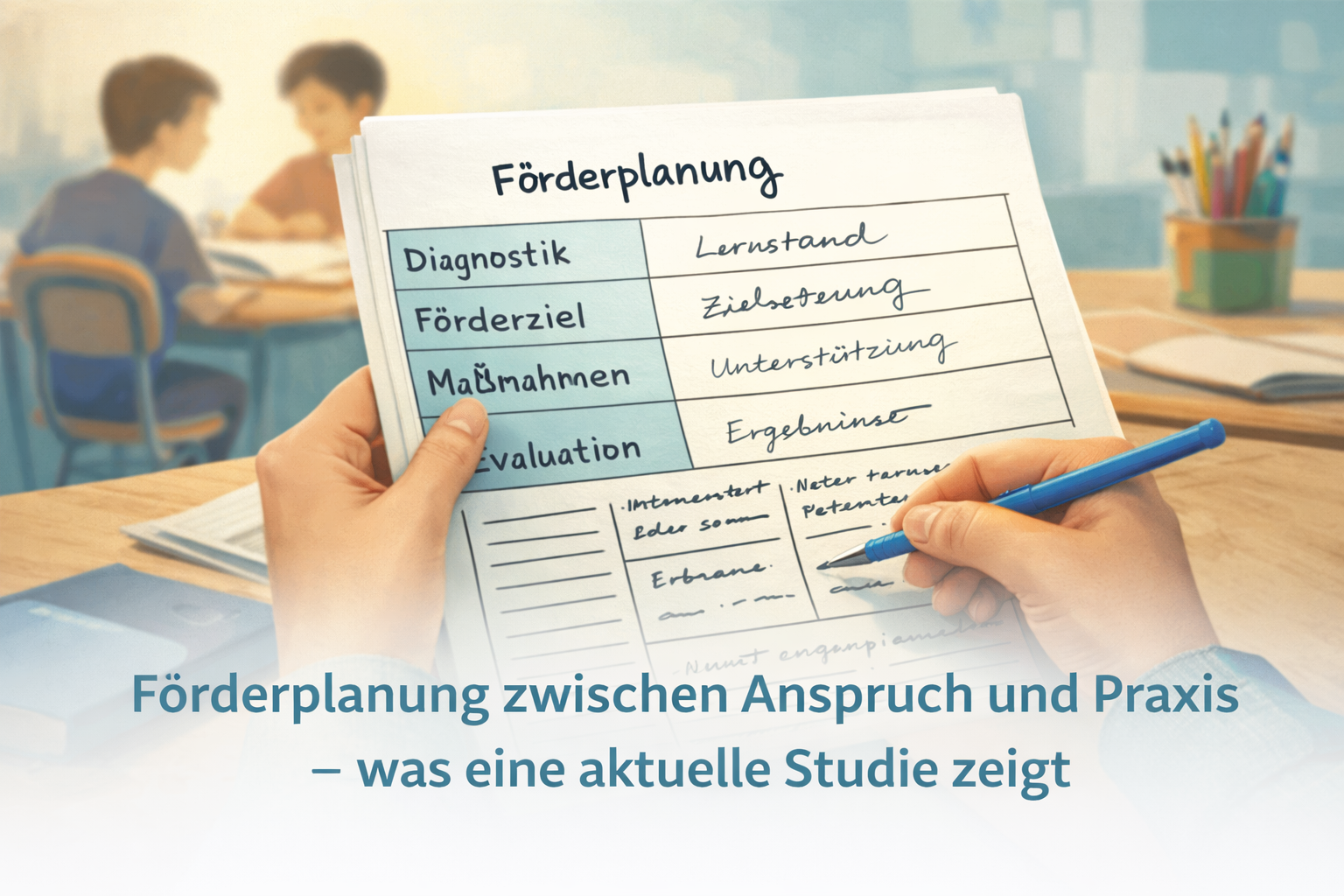 Zu sehen ist im Vordergrund ein Förderplan und im Hintergrund Schülerinnen und Schüler