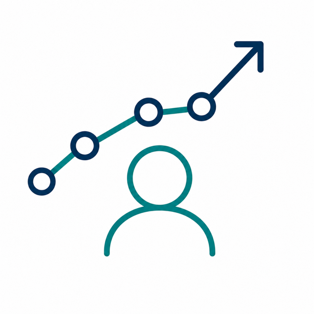 Ein Graph welcher nach oben verläuft und eine Person.